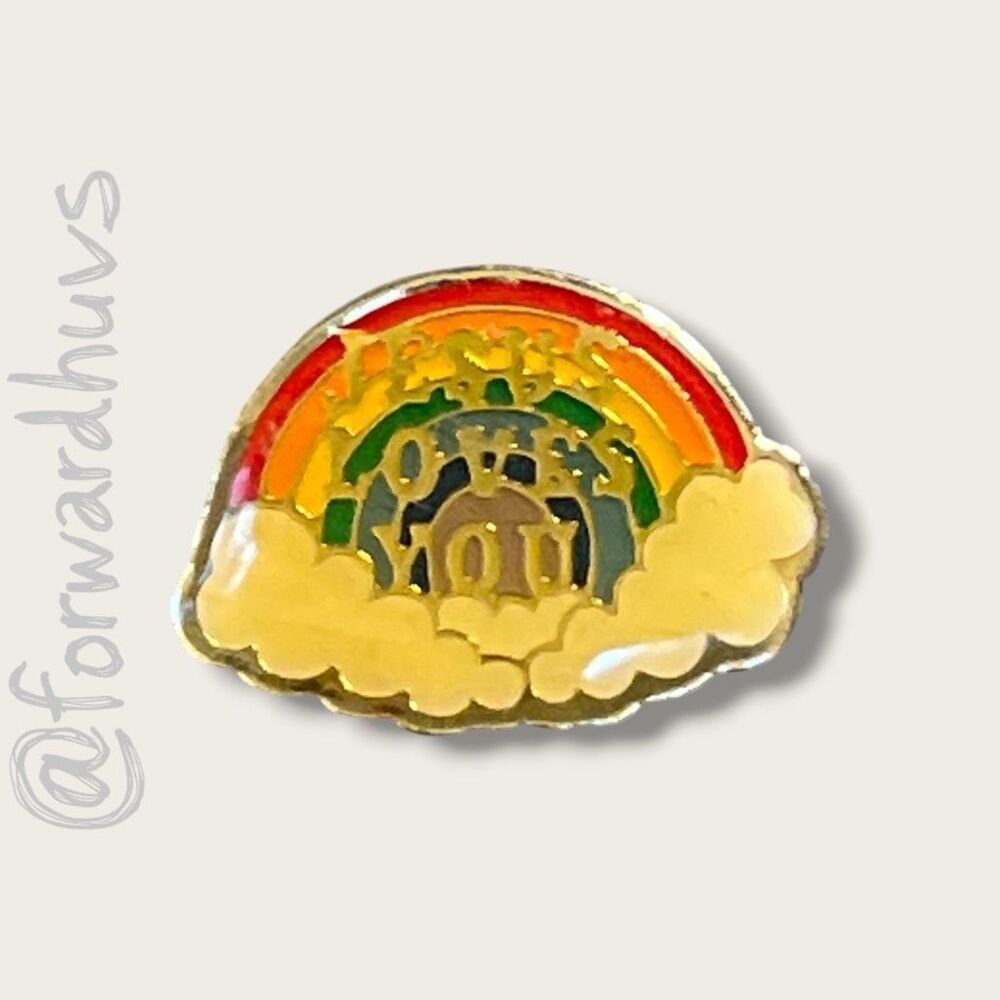 Vintage Enamel Pin – “Jesus Loves You” Rainbow and Clouds – 1″